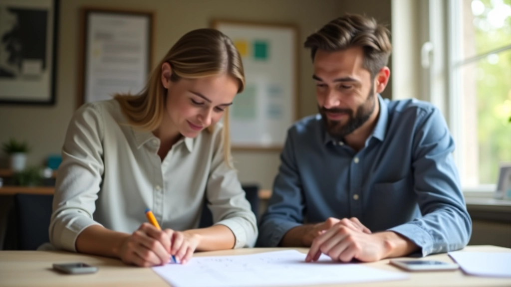 Deux personnes assis ensemble, l'une montrant l'autre un plan ou un calendrier structuré avec des étapes marquées