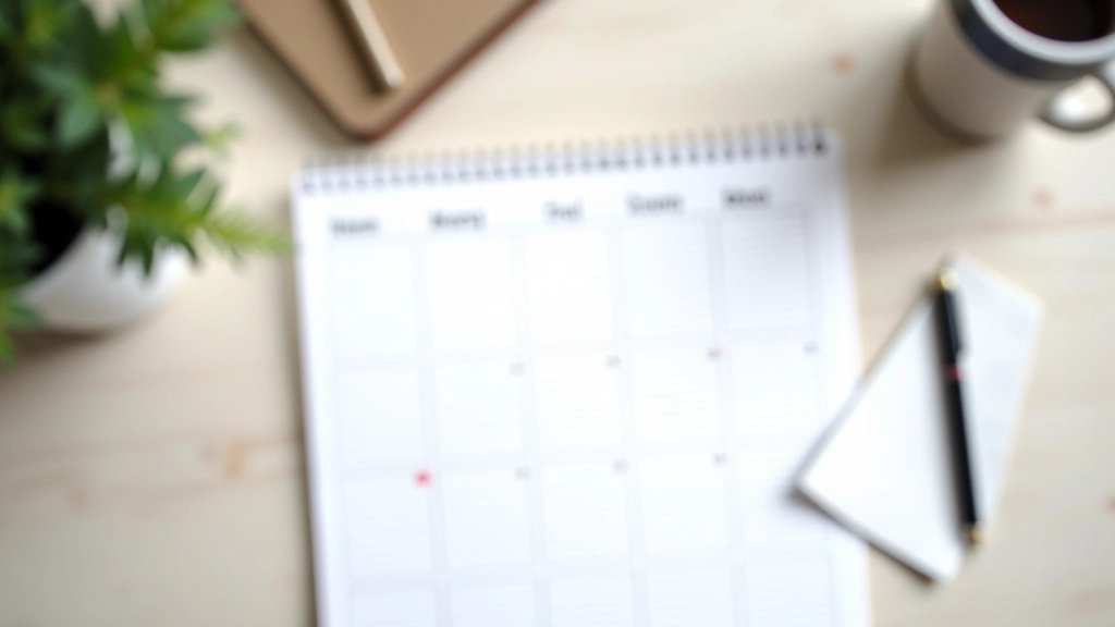 Vue aérienne d'un bureau organisé avec un calendrier de 6 mois visible, montrant une progression structurée et planifiée