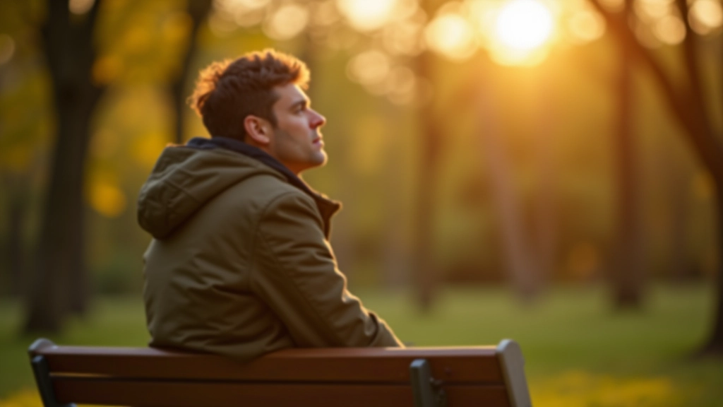 Personne assise calmement dans la nature, regardant vers l'horizon, expression paisible et sereine