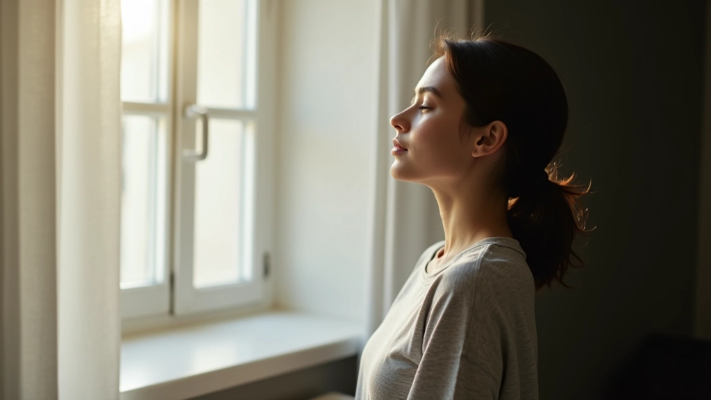 Personne en pause contemplative, regardant par une fenêtre avec expression sereine, représentant la réflexion sur le progrès