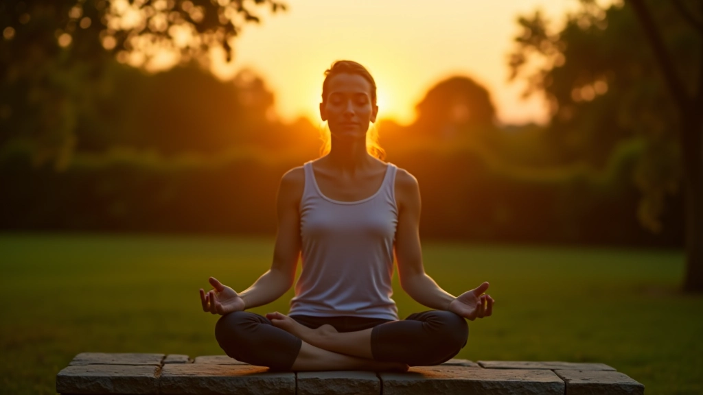 Personne méditant calmement dans un jardin tranquille au coucher du soleil