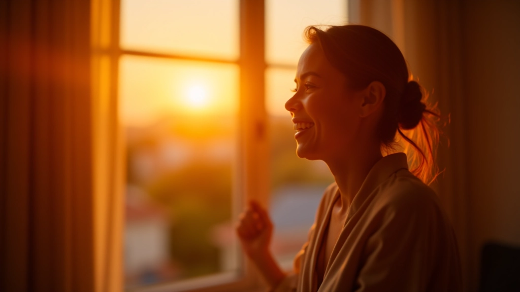 Personne souriant satisfait en observant le coucher de soleil, exprimant la contentement