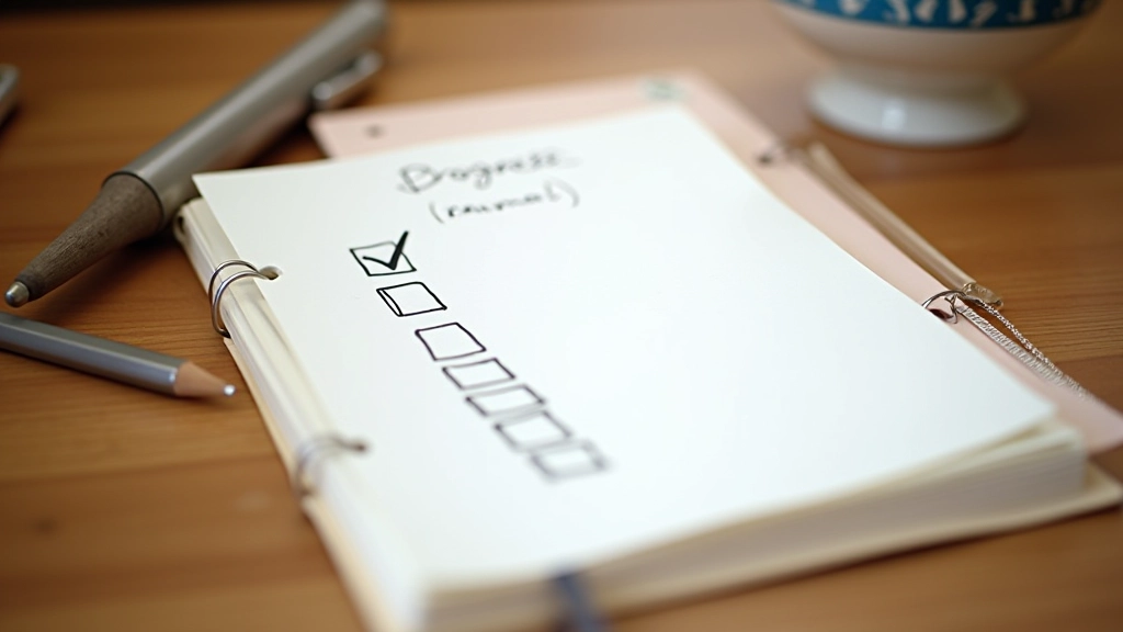 Carnet de progression avec des petites cases cochées montrant des progrès graduels