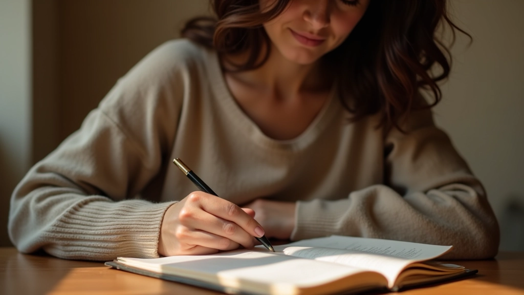 Personne écrivant dans un journal de réflexion tranquille, avec une tasse de thé à proximité, lumière naturelle douce