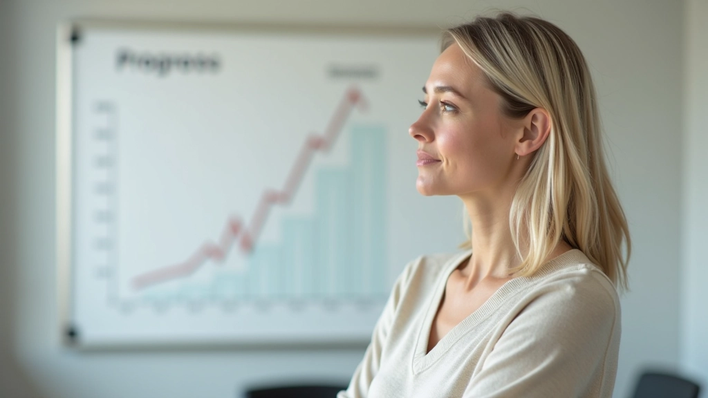 Personne regardant un tableau avec une courbe de progrès régulière, satisfaite et motivée par la constance