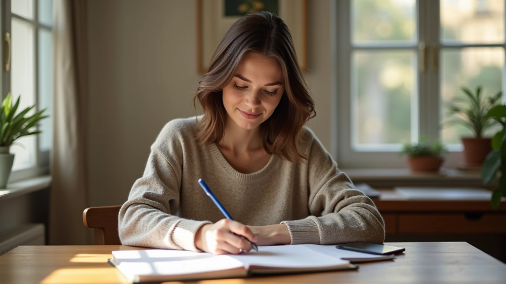 Personne écrivant des petits objectifs dans un carnet, environnement calme et organisé
